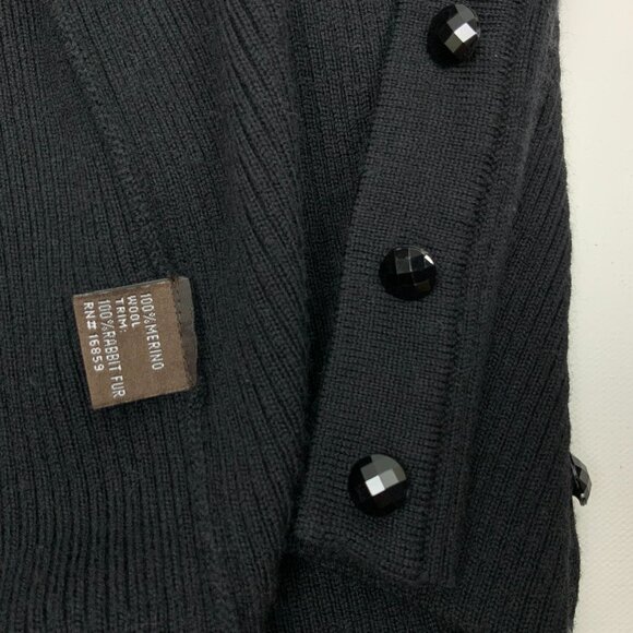 J. Mclaughlin Wool Button Up Rabbit Fur Collar Cardigan Sweater Black Size L - Picture 14 of 16